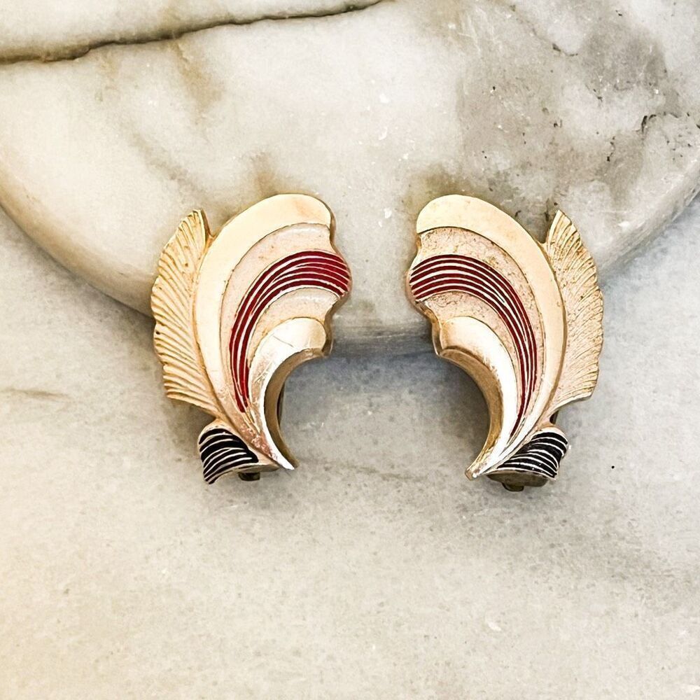 Vintage Signed Germany Clip On Earrings Rose Gold Toned Metal and‎ Enamel MCM